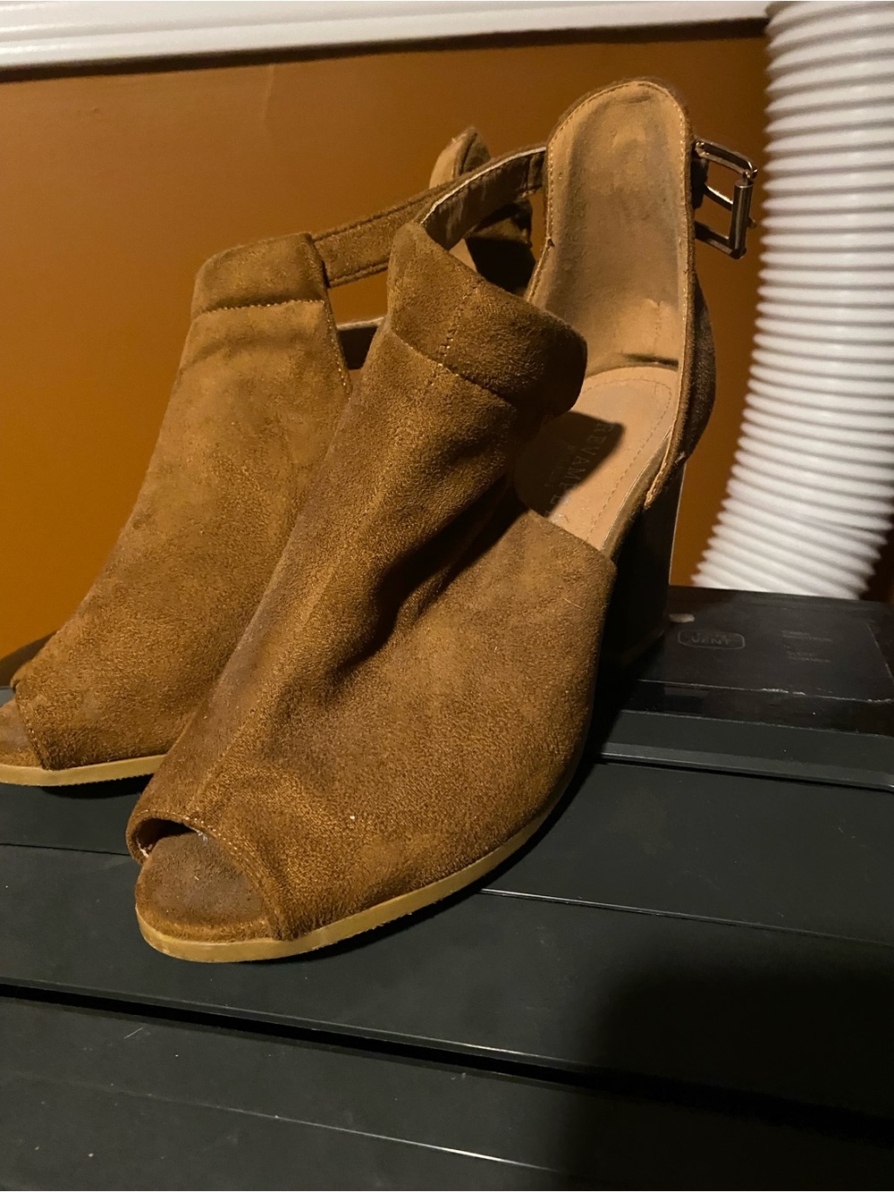 Revamped Suede Peep-Toe Slingback Heeled Booties - Brown